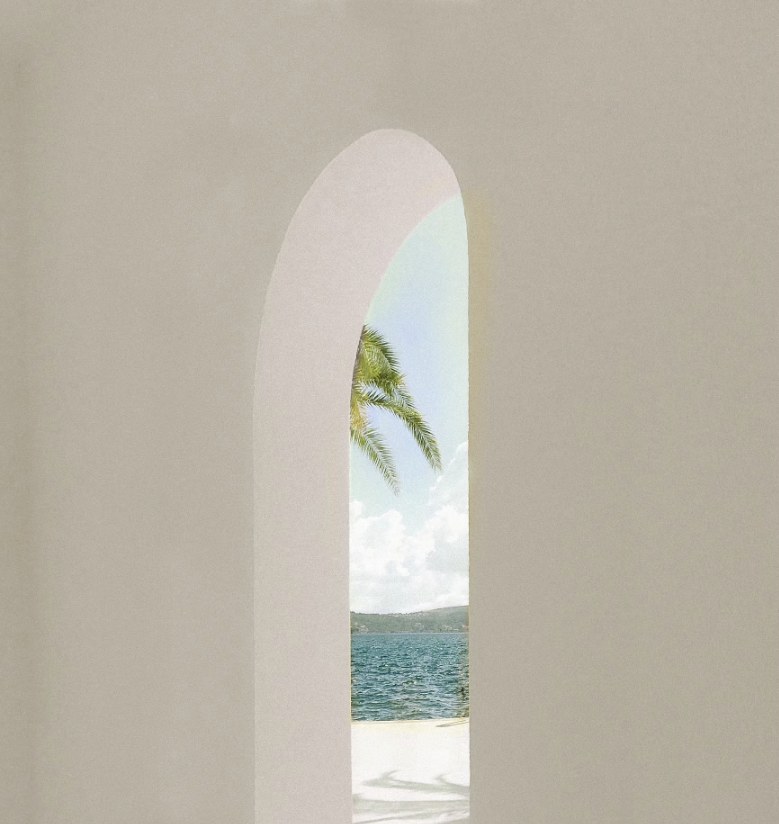 Arched alcove framing a palm tree and ocean view