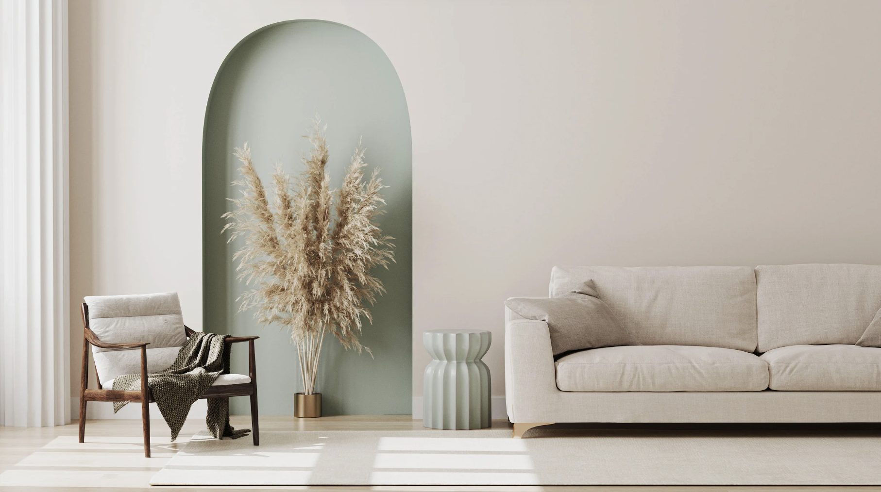 Minimalist living room with an arched sage alcove