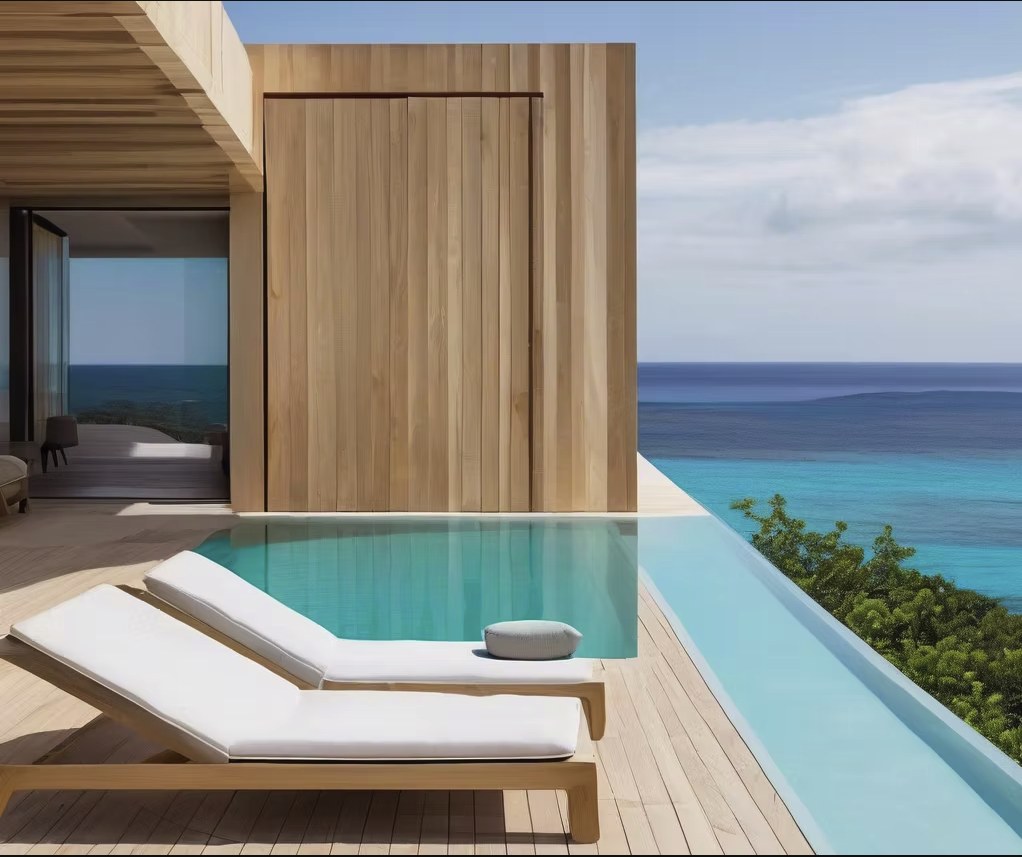 Wooden villa with pool overlooking the ocean